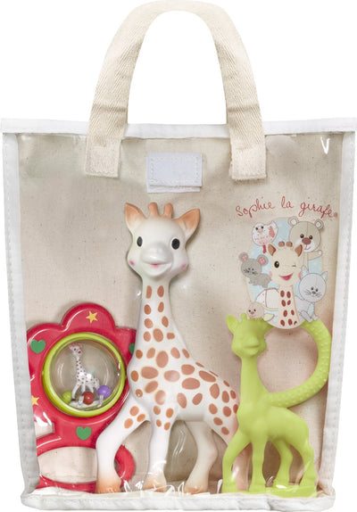 Coffret cadeau Sophie la girafe dans une pochette cadeau en coton - anneau de dentition hochet - cadeau maternité - cadeau baby shower - 4 pièces