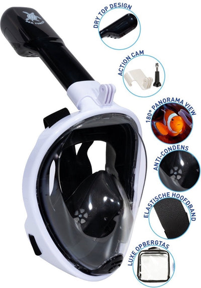 Masque de plongée pour tortue de mer - tuba - lunettes de plongée - ensemble de tuba - masque complet - adultes - blanc noir - L XL
