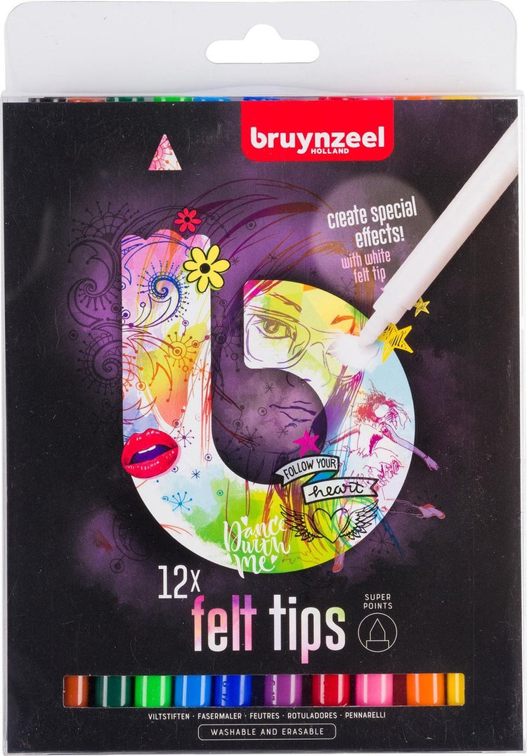 Bruynzeel teens 12 super feutres - avec marqueur gomme blanc