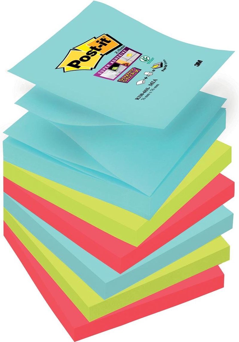 Z-notes post-it super collant 76x76mm pack assorti 6 pièces 90 feuilles