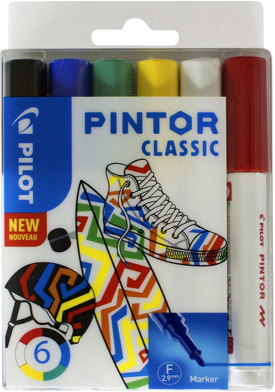 Coffret 6 stylos peinture Pilot Pintor - coffret classique - marqueur fin pointe 2,9 mm - encre à base d'eau - couvre toutes les surfaces, même les plus foncées - dessiner, colorier, décorer, marquer, écrire, calligraphier…