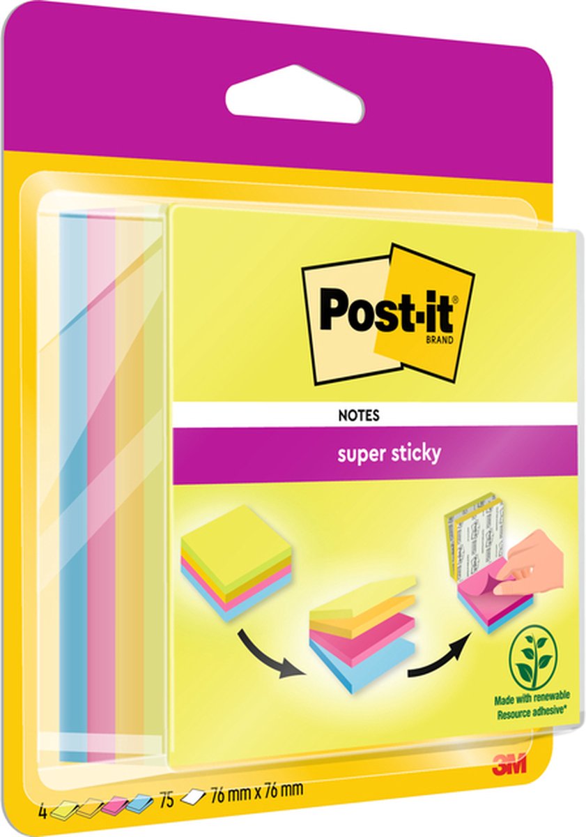 Feuillets super collants Post-it®, vert fluo, jaune canari™, fuschia, bleu méditerranéen, 76 mm x 76 mm, bloc de 75 feuilles, 4 blocs