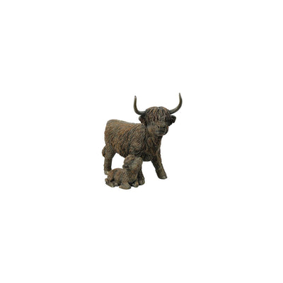 Statue Countryfield Highlander écossais avec veau ulla marron polystone 29x15,5x5,5cm
