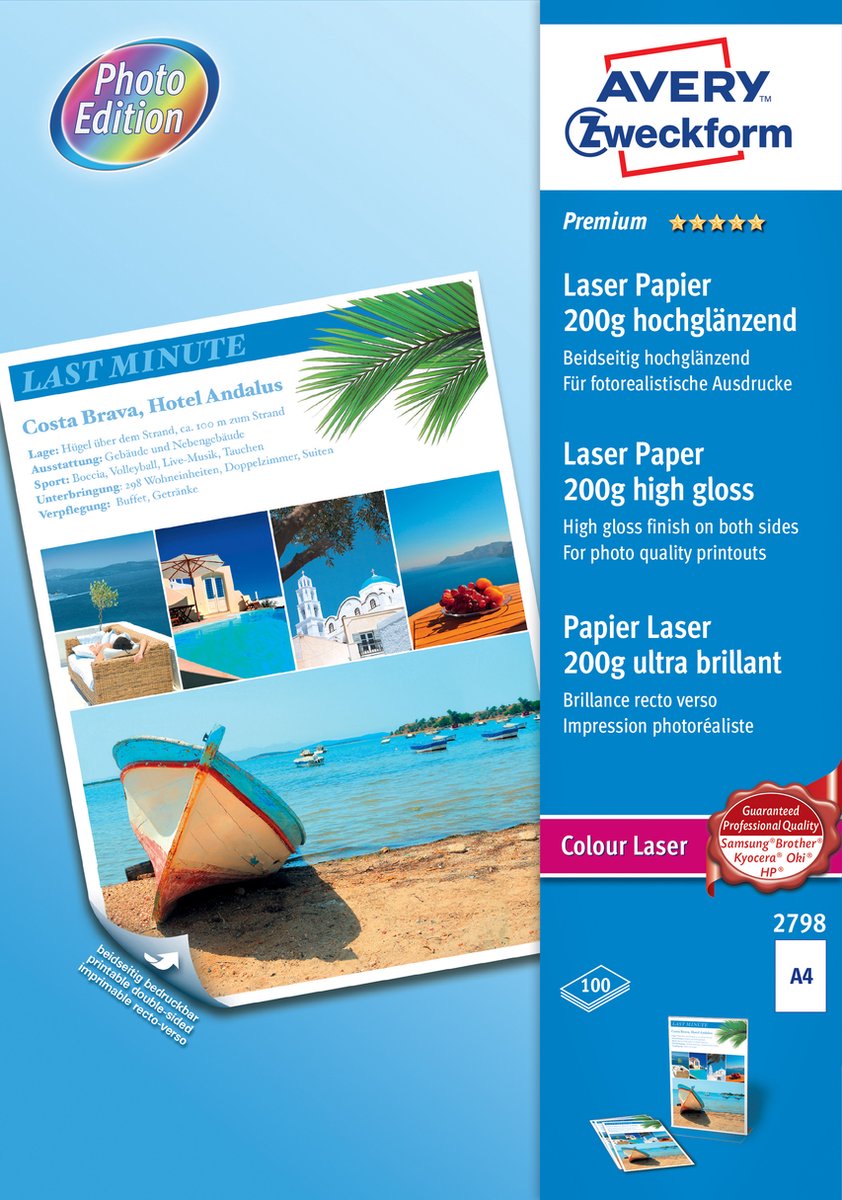 Papier laser couleur Avery a4 blanc 200gr boîte de 100 feuilles