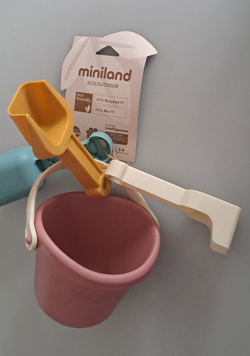Miniland outdoor eco - ensemble de jeu de sable bébé - seau, pelle, râteau et pelle - bleu - 18 mois