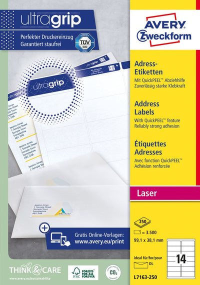 Étiquette d'imprimante laser sans marque sans marque avery l7163-250 99,1x38,1 blanc
