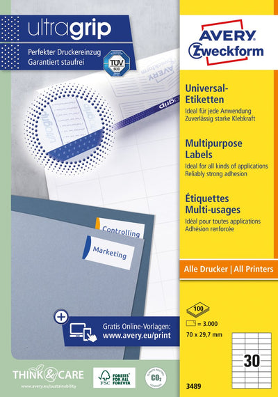 Etiquettes universelles avery zweckform 3489 70x29,7mm blanc