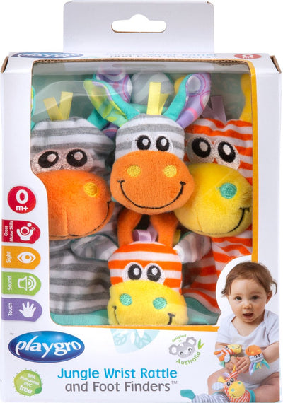Playgro jungle ensemble hochet poignet et pied girafe zèbre - lot de 4 pièces, 2 bracelets et 2 chaussettes hochet - jouets bébé - jouets 1 an - cadeau maternité - coffret cadeau bébé