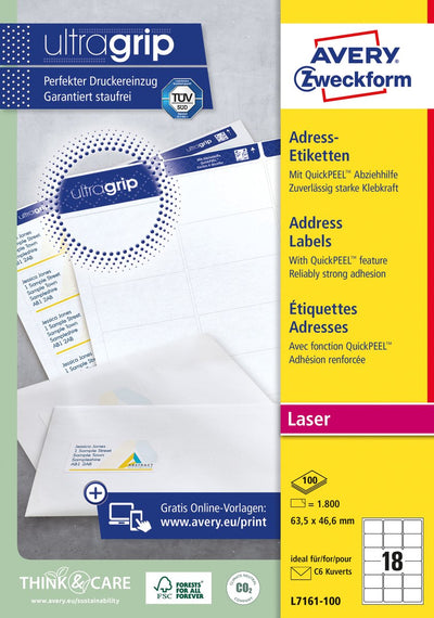 Étiquettes recyclées pour imprimantes laser quickpeel lr7161-100 63,5x46,6mm
