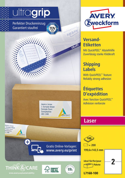 Étiquettes laser blanches Avery quickpeel boîte de 100 feuilles taille 1996 x 1435 mm (l x h) 200 pièces 2 par feuille