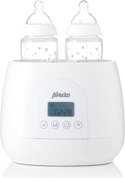 Alecto bw700twin - chauffe-biberon double numérique 500w pour chauffer, stériliser et décongeler - chauffer 2 biberons en même temps - avec hotte vapeur - blanc