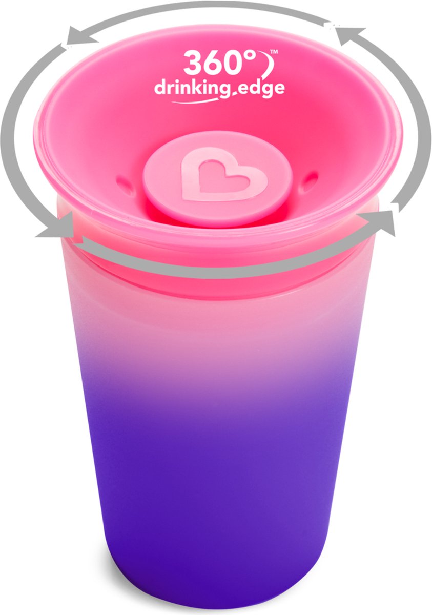 Munchkin miracle anti-fuite 360° gobelet - gobelet - changement de couleur - sensible à la chaleur - gobelet d'entraînement pour bébé et enfant - 266 ml - rose violet