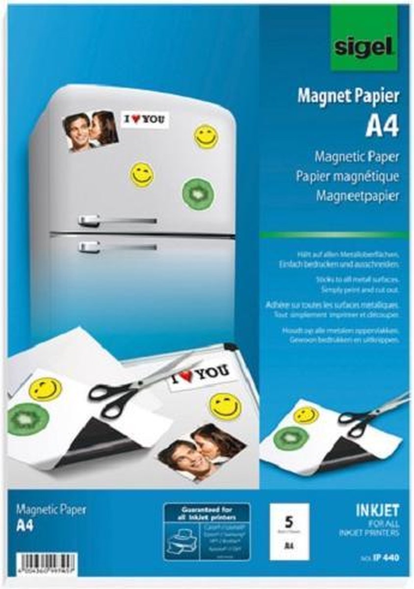 Papier magnétique Sigel - a4 - blanc - 5 feuilles - jet d'encre - si-ip440