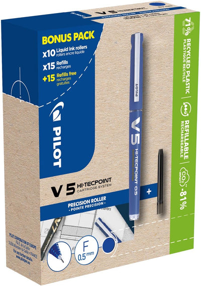 Pilot hi-tecpoint v5, 10 rouleaux + 30 recharges, fin, bleu