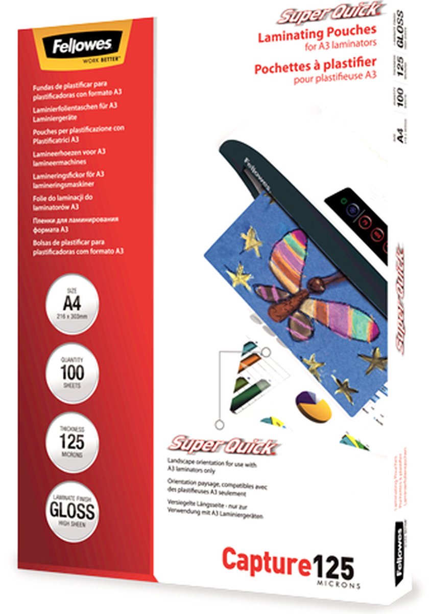 Fellowes pochettes de plastification a4 - super rapide - 125 microns - brillant - 100 pièces