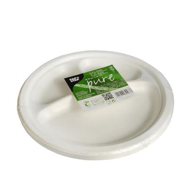 Papstar 12 assiettes canne à sucre pure 3 compartiments ø23cm