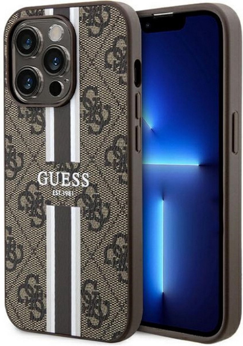 Coque arrière à rayures imprimées Guess 4G (compatible magsafe) - convient pour Apple iPhone 15 pro max (6.7) - marron