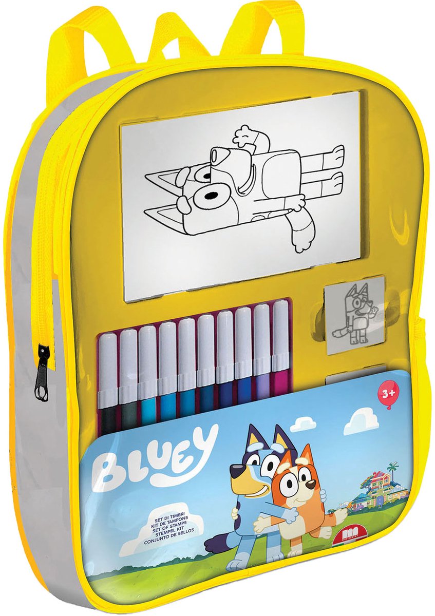 Sac à dos bleu multiprint avec timbres et stylos en feutre
