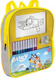 Sac à dos bleu multiprint avec timbres et stylos en feutre
