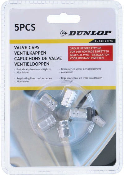 Bouchons de valve de pneu de voiture Dunlop - 5 pièces - argent - aluminium - bouchons de valve frappants - taille universelle