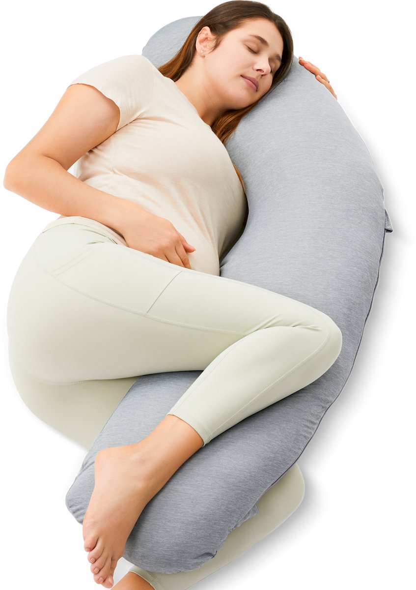 Oreiller de grossesse Momcozy en forme de J – oreiller de soutien ergonomique pour dormir sur le côté – tissu jersey – gris clair