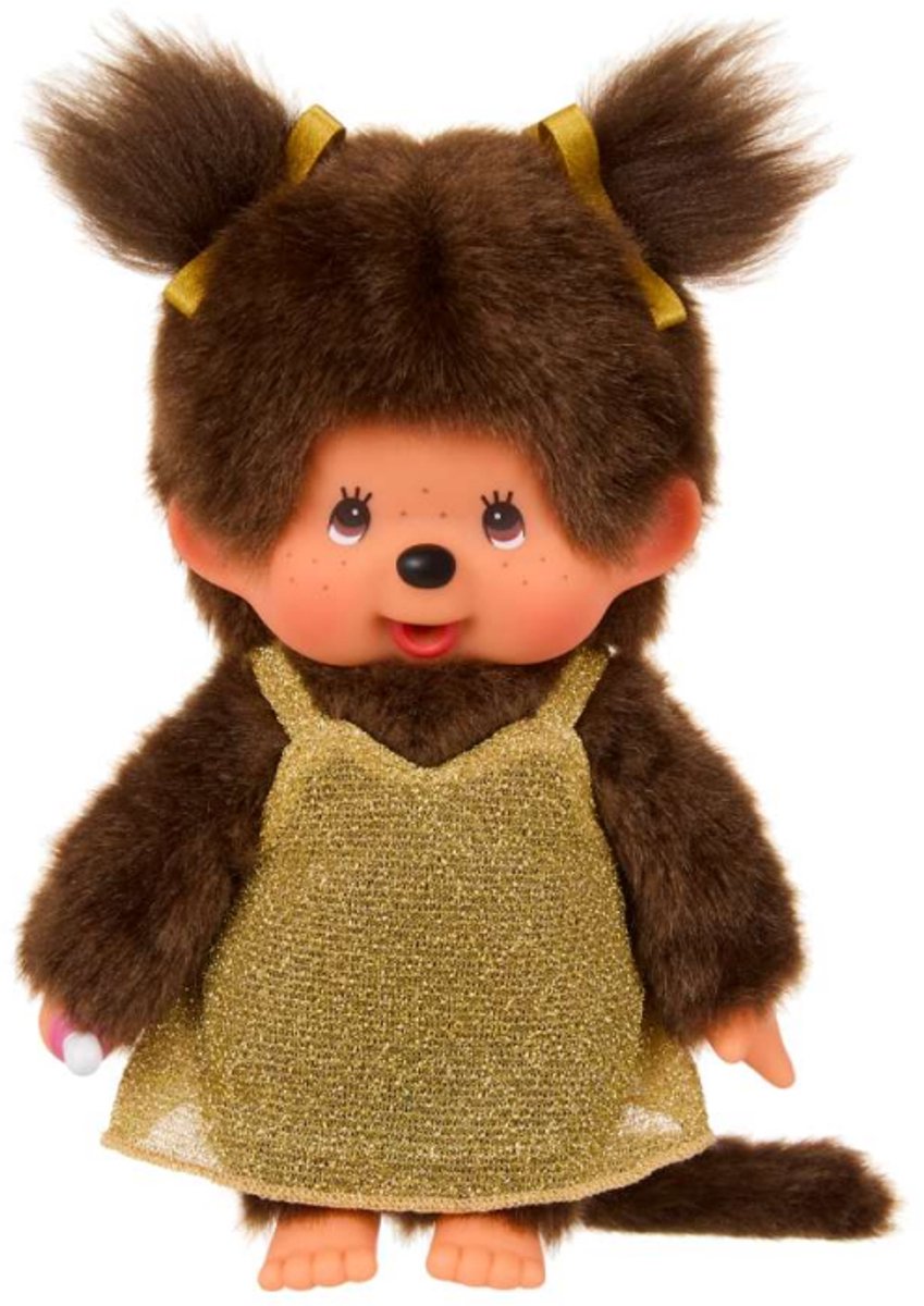Poupée fille Monchhichi - robe à paillettes dorées 20 cm - peluche.