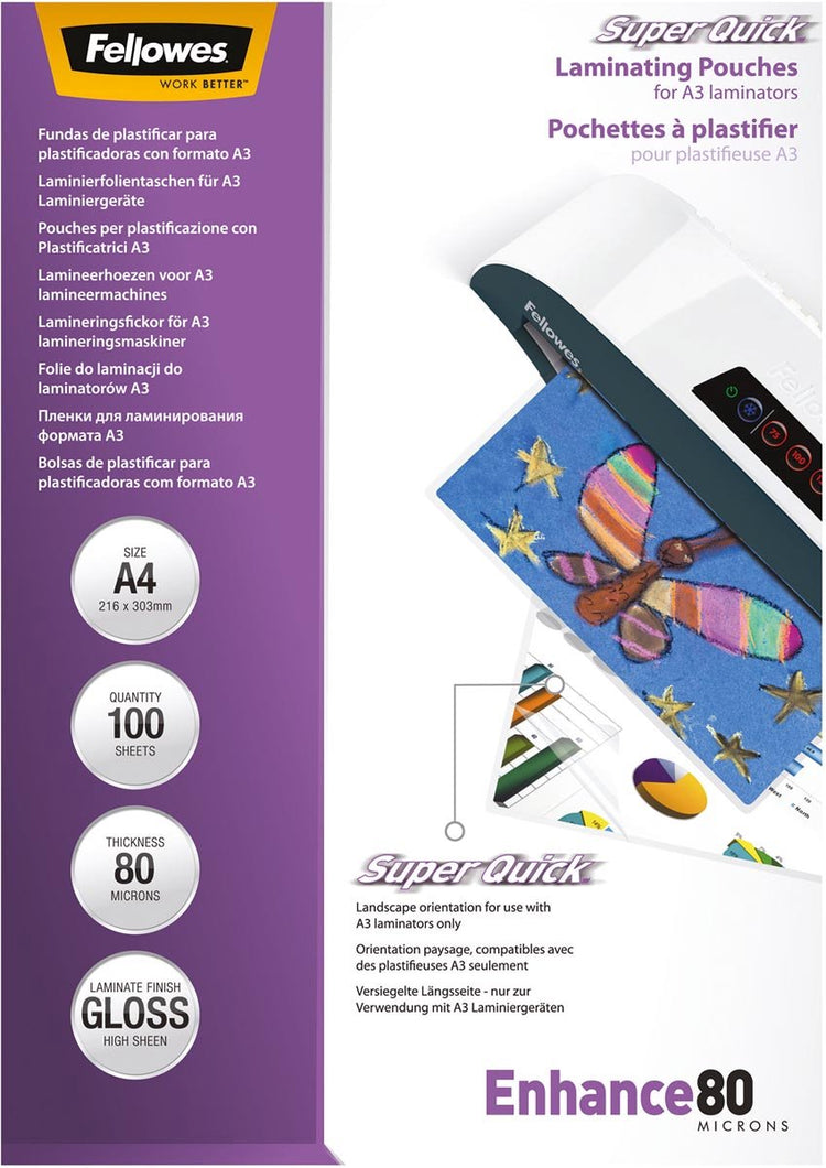 Fellowes pochettes de plastification améliorer a4 - brillant - 80 microns - 100 pièces