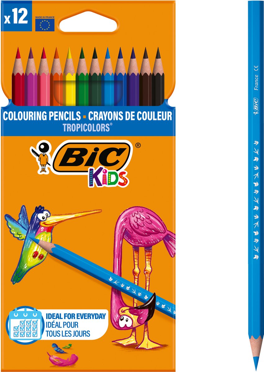 Crayons de couleur Bic kids tropicolors à pointe large (2,9 mm) - différentes couleurs - boîte de 12