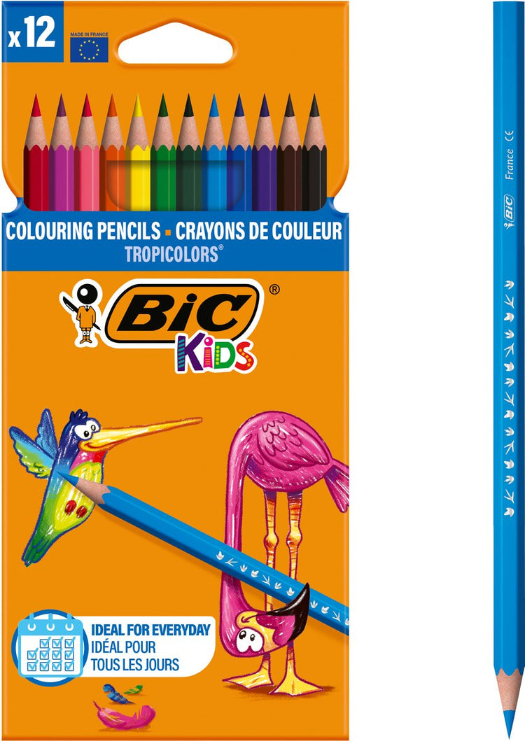 Crayons de couleur Bic kids tropicolors à pointe large (2,9 mm) - différentes couleurs - boîte de 12