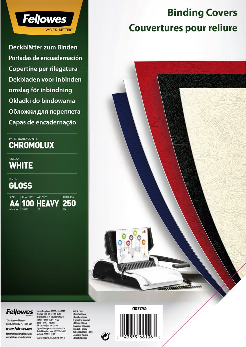 Fellowes pages de garde chromolux - blanc - a4 - 250g - 100 feuilles