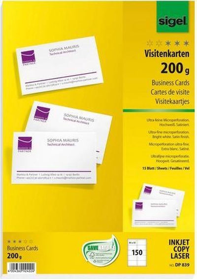 Sigel - cartes de visite - blanc - 85x55 mm - 200 grammes - 150 pièces -si-dp839