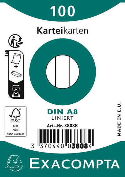 Exacompta 1x paquet de 100 fiches sous film - Bristol lignées non perforées 55x74mm, blanc