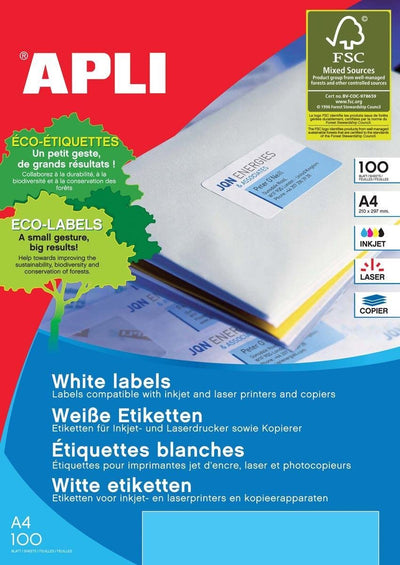 Etiquettes adhésives Apli 199,6 x 289,1 mm 100 feuilles blanches