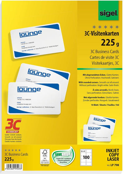 Cartes de visite Abi lp798 sigel 85x55mm 225g m2 ultra blanc coins arrondis