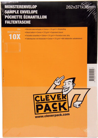 Enveloppes pour échantillons Cleverpack, pi 262 x 371 x 38 mm, avec fermeture à bande, crème, paquet de 10