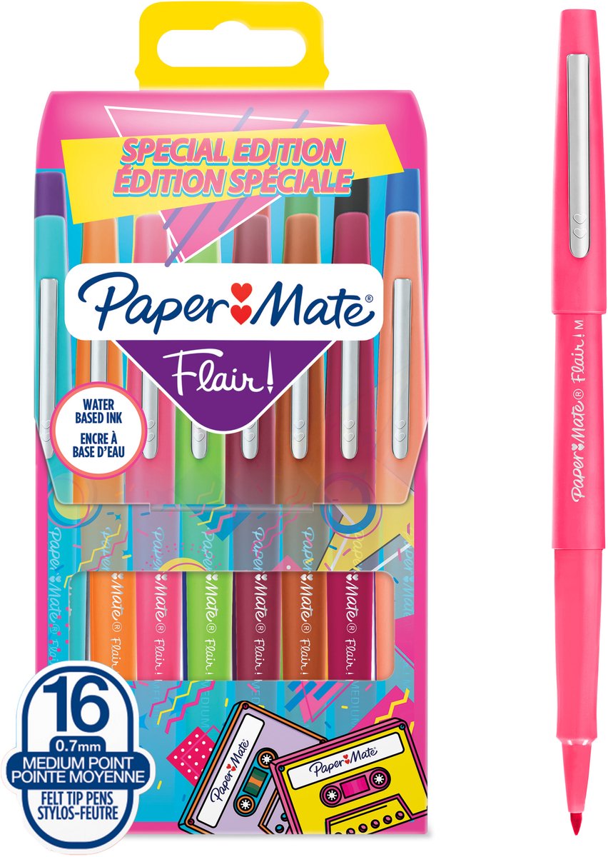 Feutres Paper Mate Flair | pointe moyenne (0,7 mm) | diverses couleurs rétro | 16 pièces