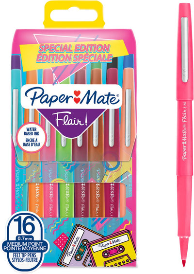 Feutres Paper Mate Flair | pointe moyenne (0,7 mm) | diverses couleurs rétro | 16 pièces