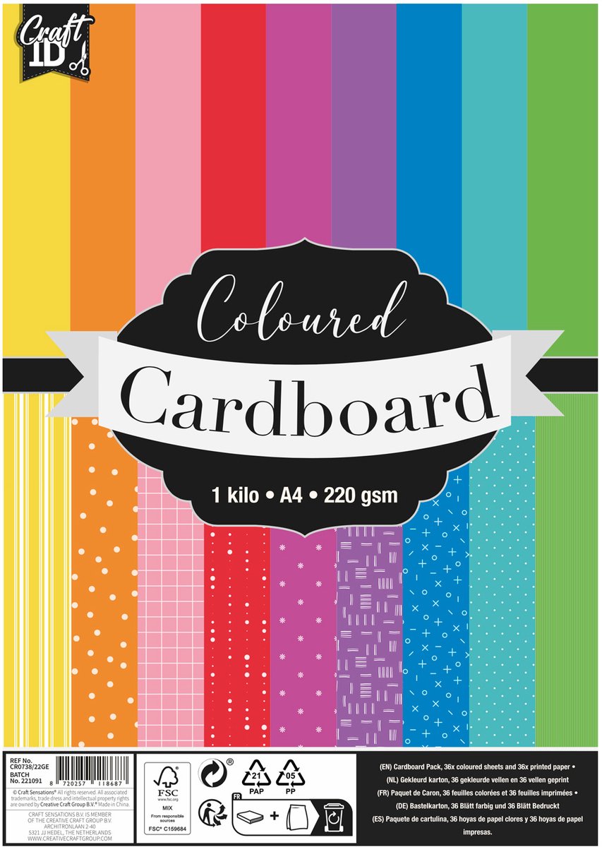 Cardboard Creative Craft Colored Cardboard A4 220GSM, 72st.