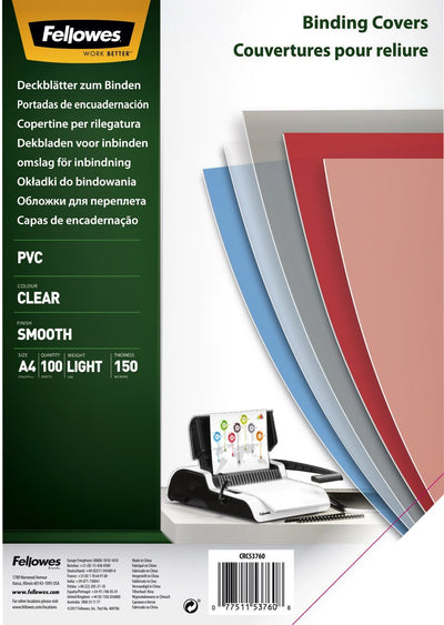 Pack 100 couverture reliure transparente 5376001 Fellowes pvc a4
