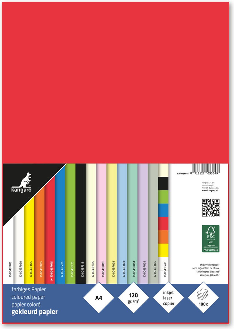 Papier Kangaro - a4 - 120 grammes fsc - paquet 100 feuilles - rouge - k-0043f075