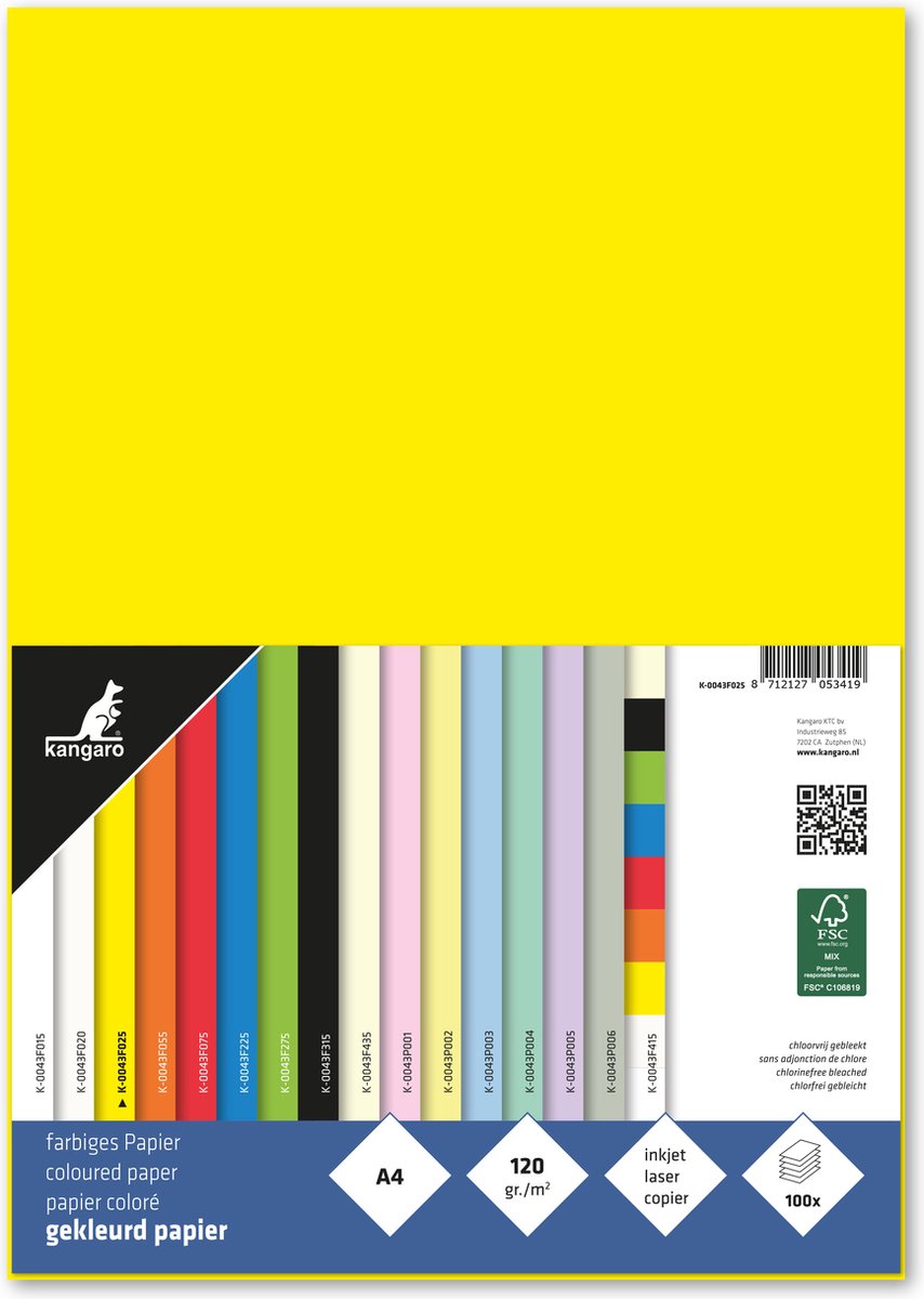 Papier Kangaro - a4 - 120 grammes fsc - paquet 100 feuilles - jaune - k-0043f025