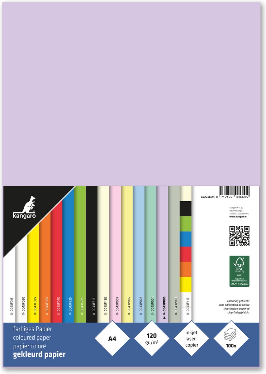 Papier Kangaro - a4 - 120 grammes fsc - paquet 100 feuilles - lilas pastel - k-0043p005