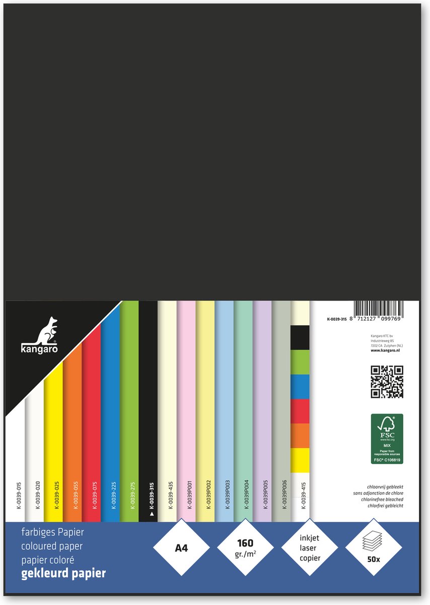 Papier Kangaro - a4 - 160 grammes fsc - paquet de 50 feuilles - noir - k-0039-315