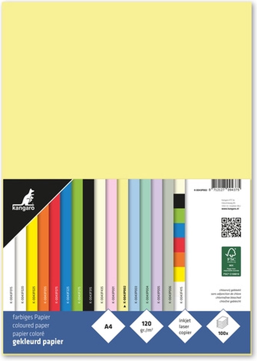 Papier Kangaro - a4 - 120 grammes fsc - paquet 100 feuilles - jaune pastel - k-0043p002