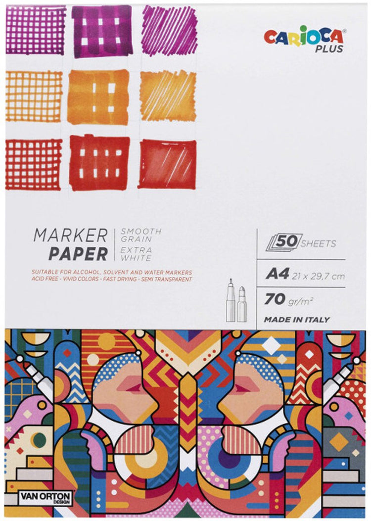 Bloc à dessin marqueur Carioca plus - papier marqueur a4 - 20 feuilles - 70 g m² - extra blanc - grain lisse - convient aux marqueurs et feutres