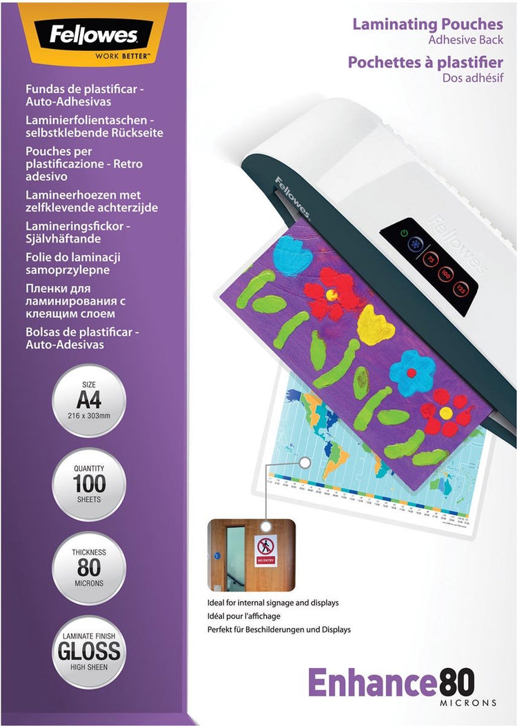 Pochettes de plastification Fellowes - a4 - autocollantes - 80 microns - 100 pièces