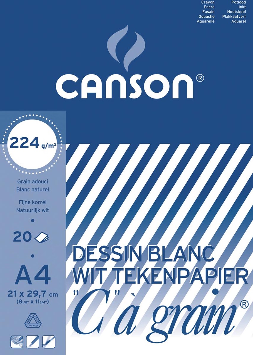 Canson bloc à dessin c à grain 224 g m² format 21 x 297 cm (a4)