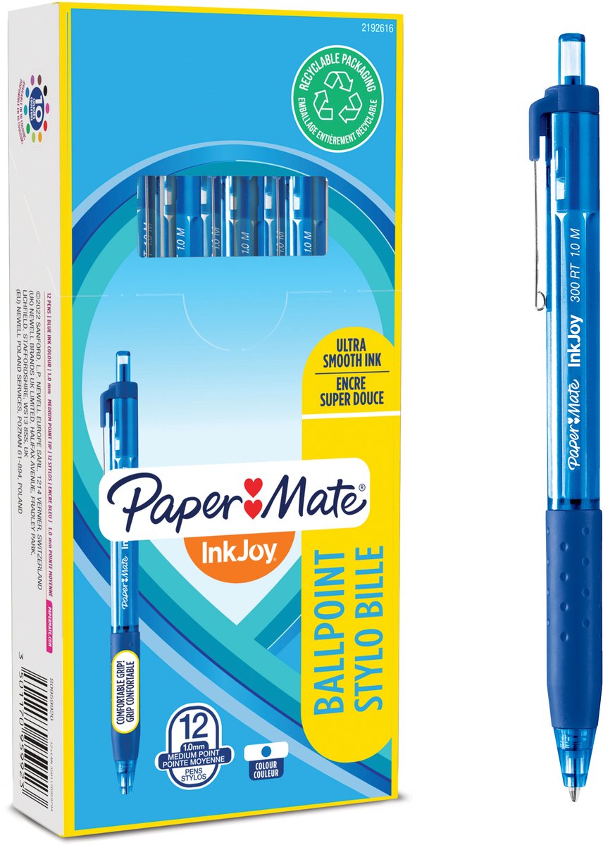 Stylos à bille Paper Mate Inkjoy 300rt avec bouton poussoir | pointe moyenne (1,0 mm) | bleu | 12 pièces
