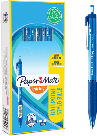 Stylos à bille Paper Mate Inkjoy 300rt avec bouton poussoir | pointe moyenne (1,0 mm) | bleu | 12 pièces