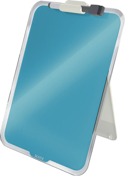 Leitz tableau en verre inscriptible confortable pour bureau - presse-papiers format A4 - tableau mémo en verre avec porte-stylo et mini marqueur avec gomme - bleu serein